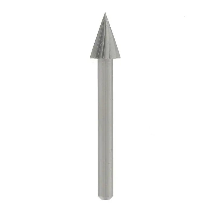 Dremel Fräsmesser 125 - Durchmesser Kopf: 6,4 mm, Kegelkopf, Hartmetall, 2 Stk. - Bild einer Kegelförmigen Metallfräsers, ideal zum präzisen Bearbeiten von Materialien. Ein unverzichtbares Werkzeug für detailgenaue Arbeiten.