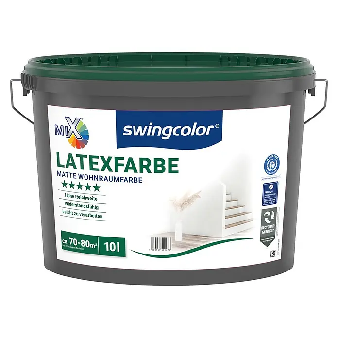 swingcolor Mix Latexfarbe zum Mischen lassen - Basismischfarbe 4, Matt, 10 l - Dunkelgrauer Mix Swingcolor Farbeimer mit grünem Deckel und Metallgriff. Enthält 10L matte Latexfarbe für ca. 70-80m².