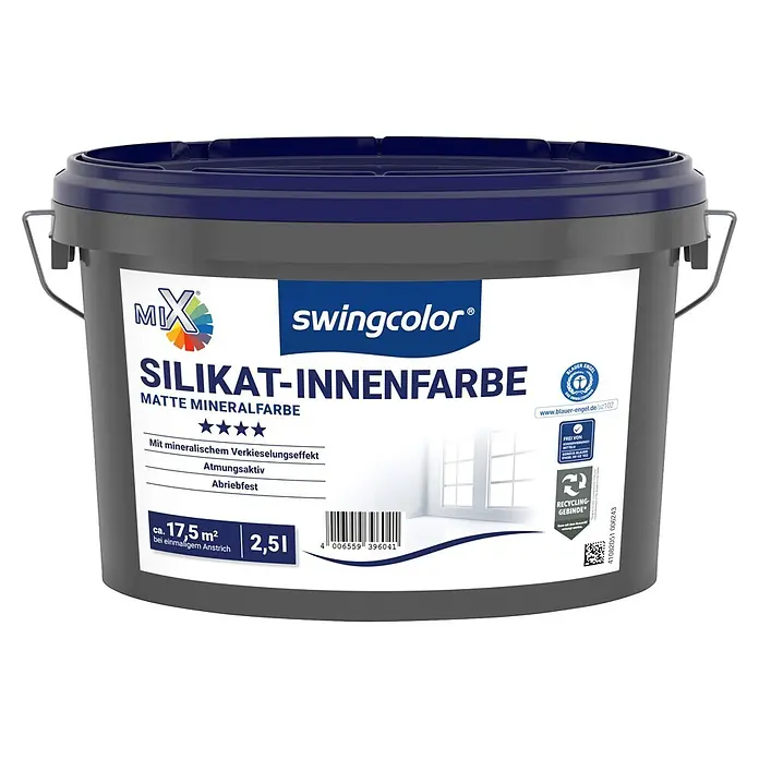 swingcolor Mix Wandfarbe Silikat-Innenfarbe zum Mischen lassen - Basismischfarbe 1, Matt, 2,5 l - Grauer Swingcolor Farbeimer mit dunkelblauem Deckel, für matte Silikat-Innenfarbe.