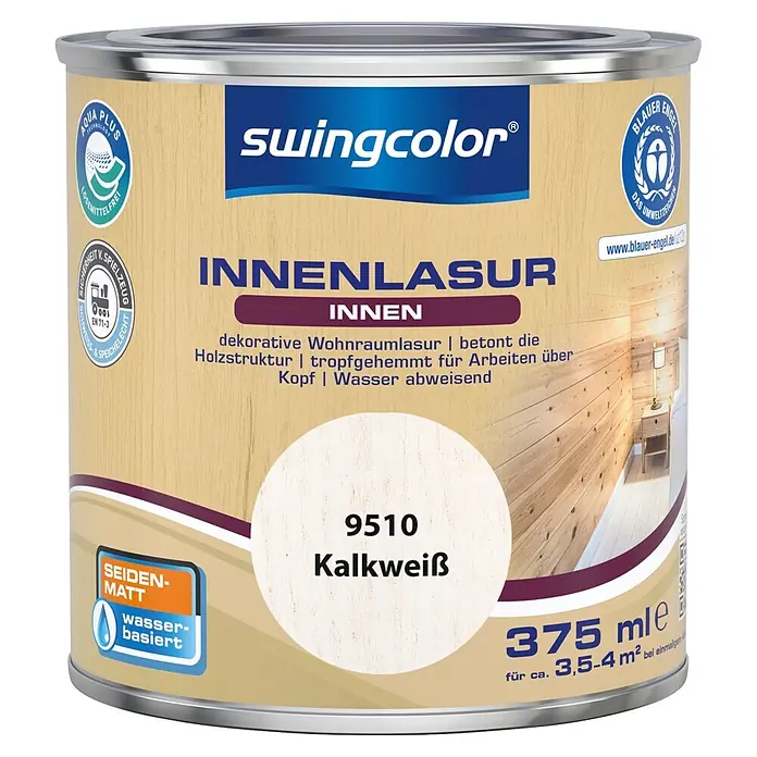 swingcolor Holzlasur Innenlasur - Kalkweiß, 375 ml, Seidenmatt - Swingcolor Innenlasur, Farbton 9510 Kalkweiß, wasserbasiert, seidenmatt, 375 ml Dose.