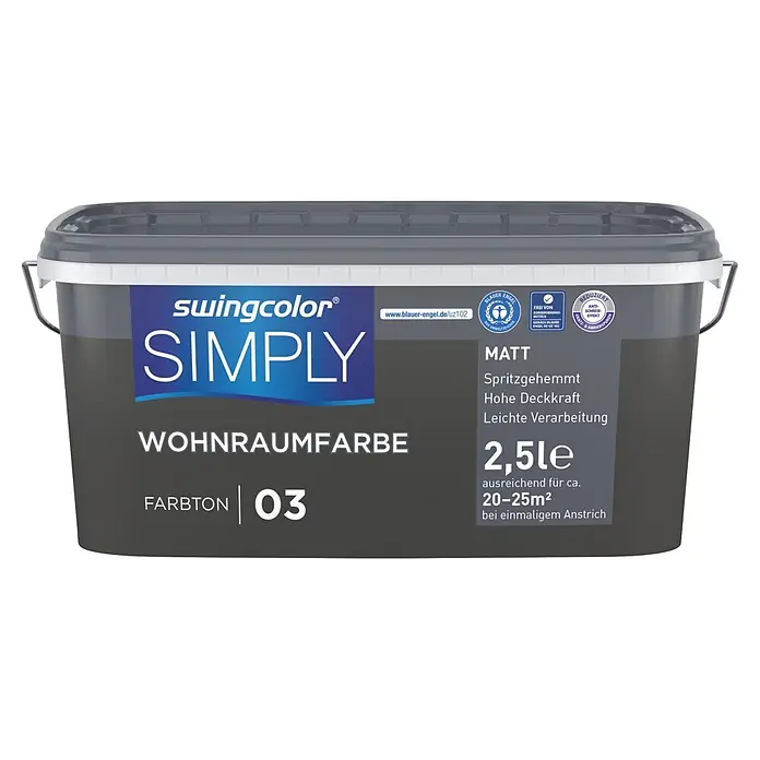 swingcolor Wandfarbe SIMPLY - Nr. 03, 2,5 l - Grauer Kunststoff-Farbeimer swingcolor SIMPLY, matt, Farbton 03, 2,5L Wohnraumfarbe.