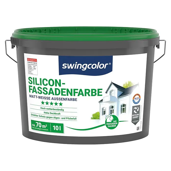 swingcolor Silikon-Fassadenfarbe - Weiß, 10 l - Grauer swingcolor Silicon-Fassadenfarb-Eimer mit grünem Deckel für den Außenbereich, mattweiß, hoch wetterbeständig und schützt vor Algen/Pilzen.