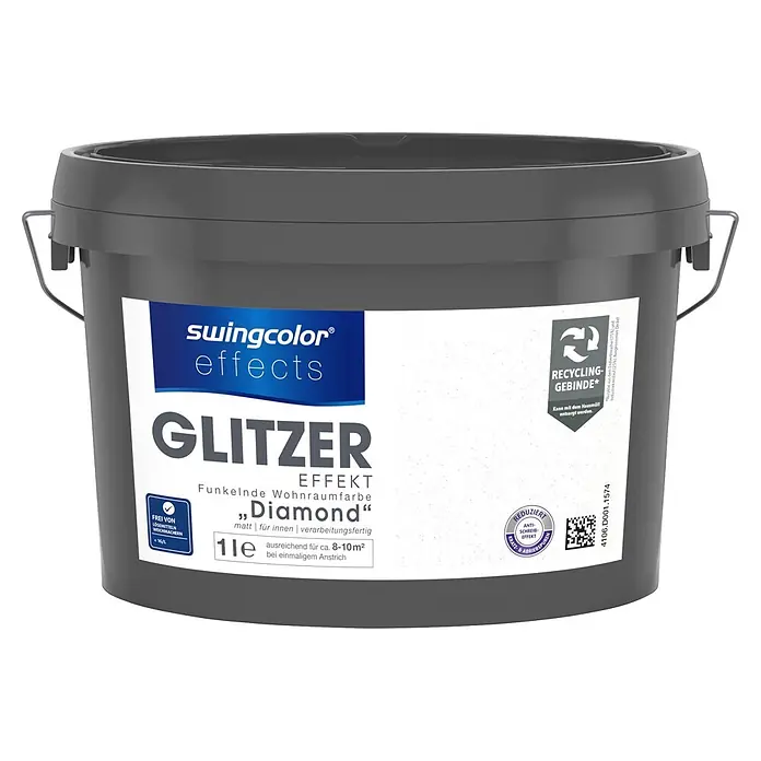 swingcolor effects Farbeffektputz Funkelnde Wohnraumfarbe mit Glitzer-Effekt - Diamond, Glitzernd, 1 l - Grauer Farbeimer mit „swingcolor Glitzer Effekt Diamond“ funkelnder Wohnraumfarbe, 1L.