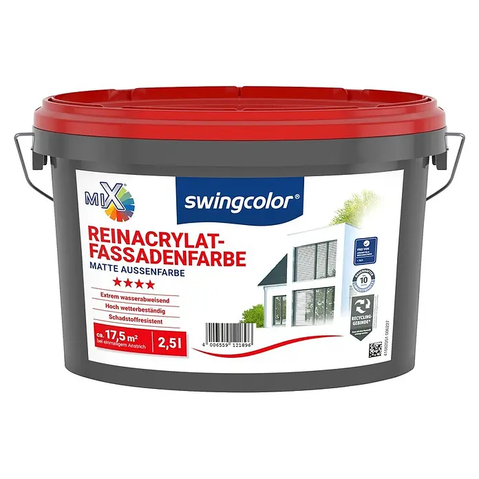 swingcolor Mix Reinacrylat-Fassadenfarbe zum Mischen lassen - Basismischfarbe 4, 2,5 l - Dunkelgrauer Farbeimer mit rotem Deckel, beschriftet mit 'swingcolor REINACRYLAT-FASSADENFARBE', zeigt 17,5 m² Reichweite und 2,5 L Volumen an.