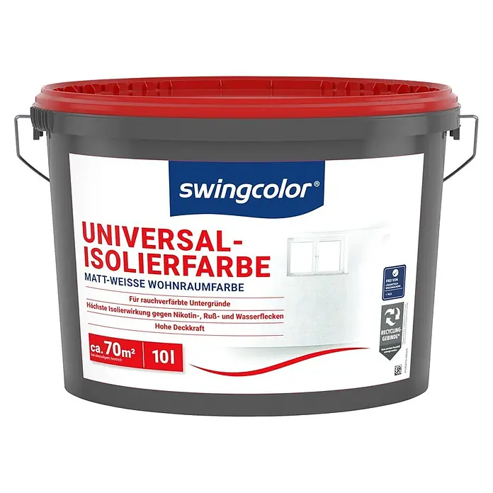 swingcolor Isolierfarbe Universal - 10 l, Weiß - Grauer swingcolor Farbeimer mit rotem Deckel, enthält matte weiße Isolierfarbe für Wände, reicht für ca. 70m².