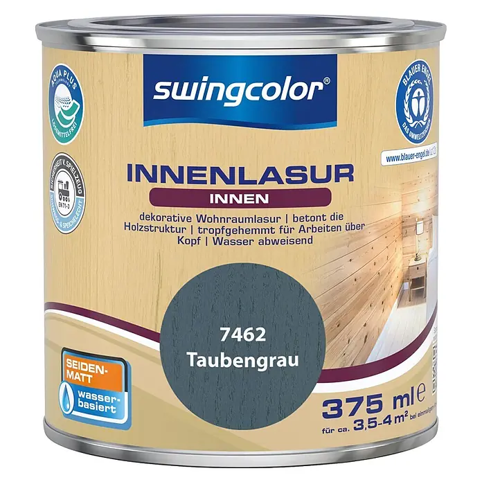 swingcolor Holzlasur Innenlasur - Taubengrau, 375 ml, Seidenmatt - swingcolor Innenlasur, seiden-matt Taubengrau (375 ml), wasserbasiert, für dekorative Holzschutzanstriche innen.