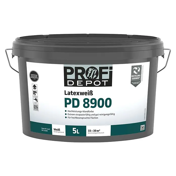 Profi Depot PD Latexfarbe Latexweiß PD 8900 - Weiß, Seidenglänzend, 5 l - Ein grauer 5-Liter-Farbeimer mit einem weißen Etikett, das die Marke 'Profi Depot Latexweiß PD 8900' und Produktdetails zeigt.
