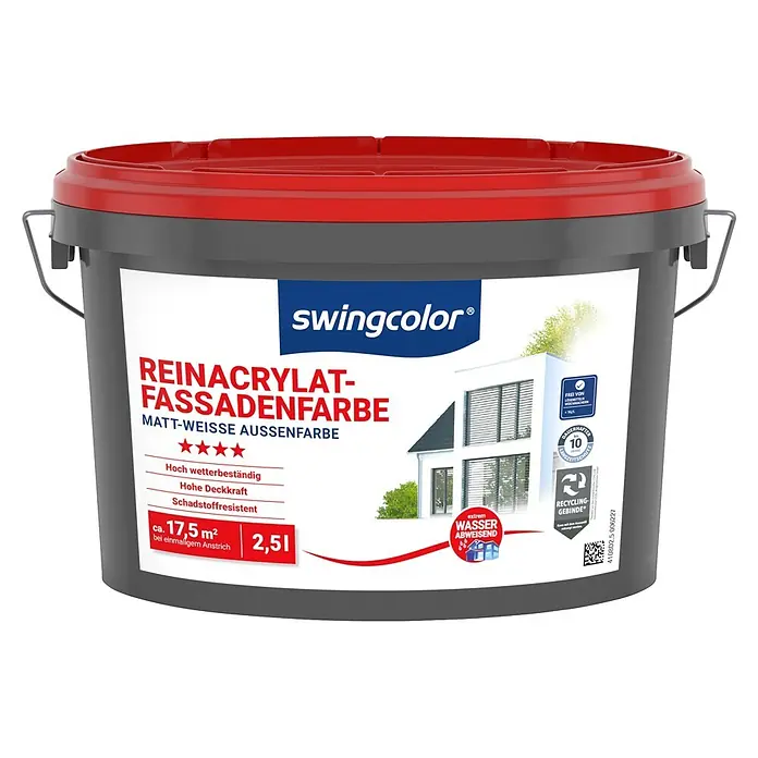 swingcolor Reinacrylat-Fassadenfarbe - Schneeweiß, 2,5 l - Grauer Farbeimer mit rotem Deckel, swingcolor Reinacrylat-Fassadenfarbe mattweiß, 2,5 Liter, wetterbeständig und wasserabweisend.