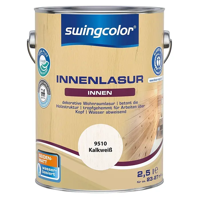 swingcolor Holzlasur Innenlasur - Kalkweiß, 2,5 l, Seidenmatt - Swingcolor Innenlasur Seiden-Matt in 9510 Kalkweiß, 2,5 Liter, wasserbasiert und tropfgehemmt.