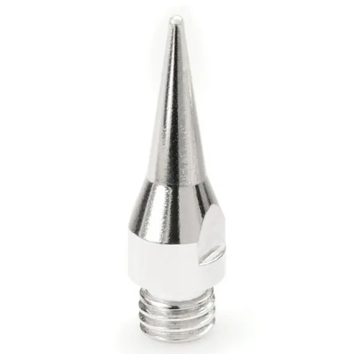 Dremel Lötspitze VersaTip Mod. 201 - 2 Stk. - Bild einer glänzenden, silbernen Lötkolbenspitze. Das Produkt hat eine spitze Form und ein Gewinde für die Befestigung.