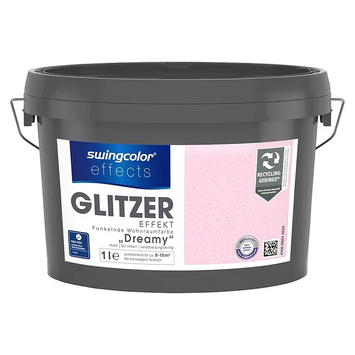 swingcolor effects Farbeffektputz Funkelnde Wohnraumfarbe mit Glitzer-Effekt - Dreamy, Glitzernd, 1 l - Grauer swingcolor Effects Glitzer Wandfarben-Eimer, 1 Liter.
