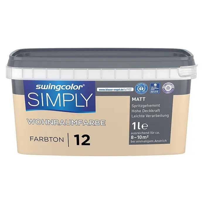 swingcolor Wandfarbe SIMPLY - Braun - Nr. 12, 1 l - Ein 1-Liter-Eimer swingcolor SIMPLY matter Wohnraumfarbe in Hellbeige, Farbton 12, mit grauem Deckel.