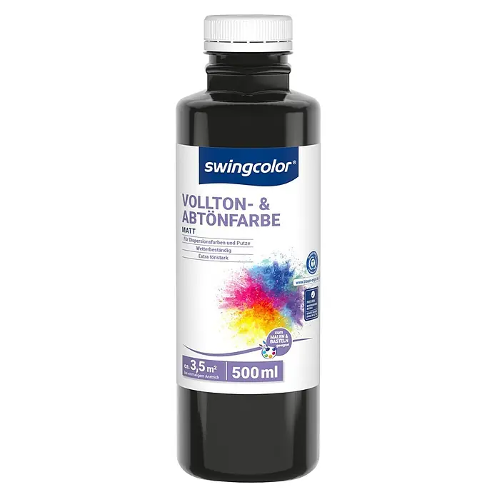 swingcolor Vollton- & Abtönfarbe - Anthrazitgrau, Matt, 500 ml - Schwarze swingcolor Vollton- & Abtönfarbe matt, 500ml Flasche.