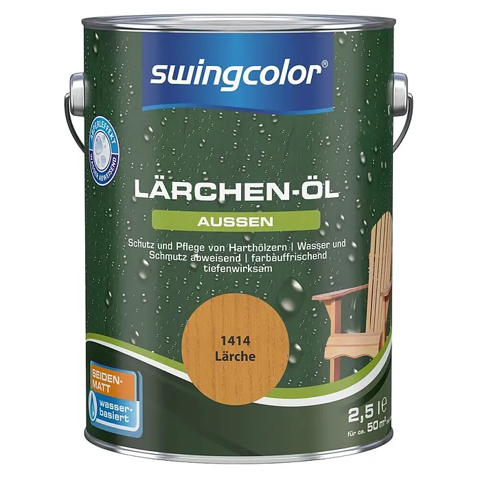 swingcolor Lärchen-Öl - Lärche, 2,5 l, Seidenmatt - 2,5L Gebinde swingcolor Lärchen-Öl, Farbe 1414 Lärche, seidenmatt, wasserbasiert, für Holzschutz außen.