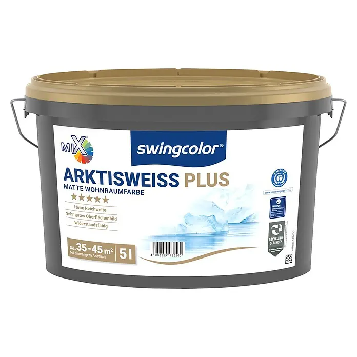 swingcolor Mix Wandfarbe Arktisweiß Plus zum Mischen lassen - Basismischfarbe 2, Matt, 5 l, Abtönbar - Grauer Farbeimer mit goldenem Deckel, beschriftet 'swingcolor ARKTISWEISS PLUS' matte Innenwandfarbe, 5L, Reichweite 35-45m².