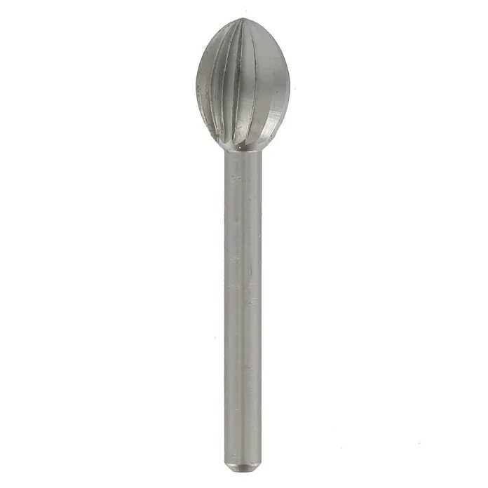 Dremel Fräsmesser 144Durchmesser Kopf: 7,8 mm, Ellipsenkopf, Hartmetall, 2 Stk. - Ein silberner Fräser mit ovalem Kopf und Rillen, ideal für präzise Gravuren und Holzarbeiten. Ein robustes Werkzeug für Handwerker.