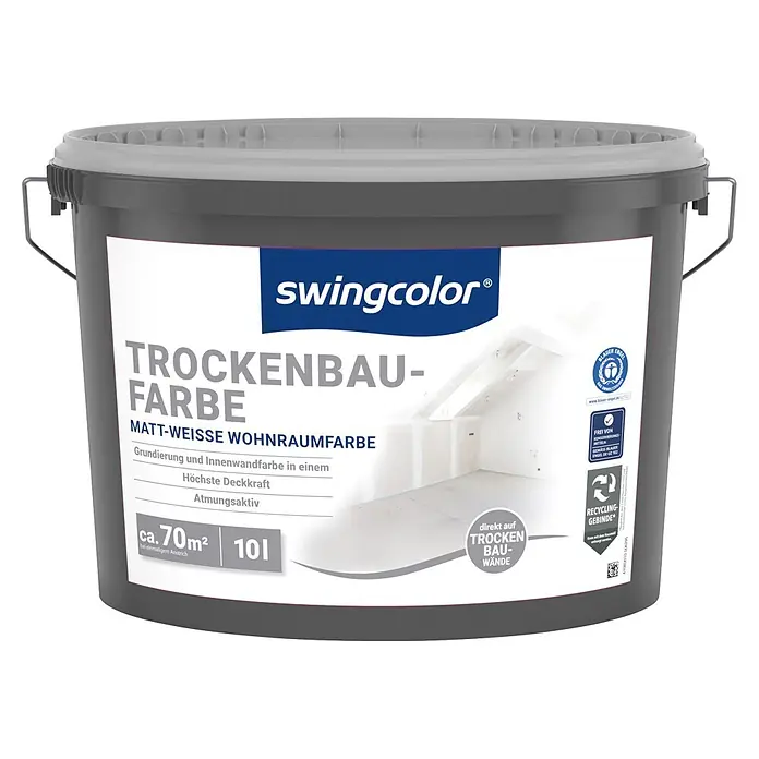 swingcolor Wandfarbe Trockenbaufarbe - Weiß, 10 l, Matt - Swingcolor dunkelgrauer Farbeimer mit hellgrauem Deckel für matt-weiße Trockenbau-Farbe, 10 Liter.