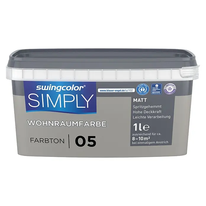 swingcolor Wandfarbe SIMPLY - Greige - Nr. 05, 1 l - Grauer swingcolor SIMPLY Matt Wohnraumfarbe Eimer (Farbton 05), 1 Liter für 8-10m². Spritzgehemmt, hohe Deckkraft, frei von Konservierungsmitteln.