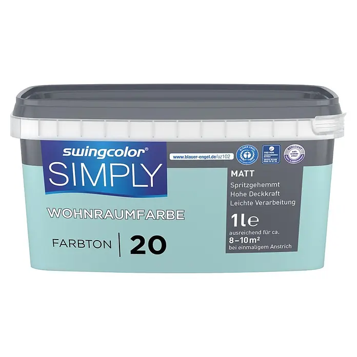 swingcolor Wandfarbe SIMPLY - Blau - Nr. 20, 1 l - Swingcolor Simply Matt Wohnraumfarbe Eimer, 1 Liter, Farbton 20. Spritzgehemmt, hohe Deckkraft, leicht zu verarbeiten, konservierungsmittelfrei.
