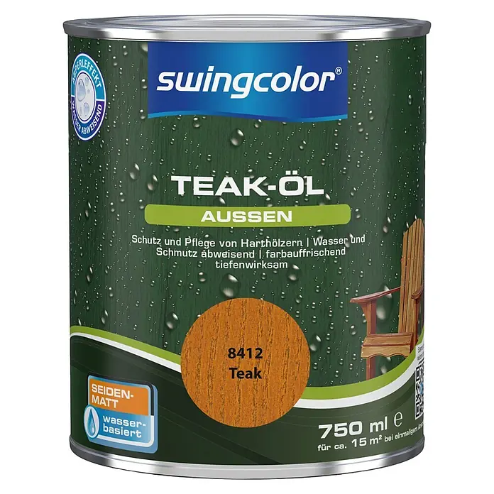 swingcolor Teak-Öl - Teak, 750 ml, Seidenmatt - swingcolor Teak-Öl, 750 ml Dose für den Außenbereich, Farbe 8412 Teak, seidenmatt und wasserbasiert.