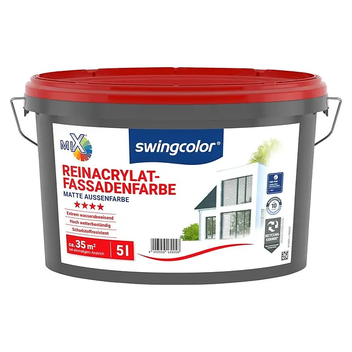 swingcolor Mix Reinacrylat-Fassadenfarbe zum Mischen lassen - Basismischfarbe 4, 5 l - Grauer Farbeimer mit rotem Deckel, beschriftet 'swingcolor REINACRYLAT-FASSADENFARBE', 5L Inhalt.