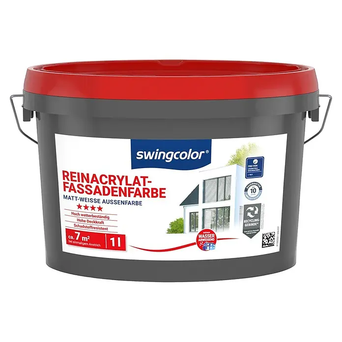 swingcolor Reinacrylat-Fassadenfarbe - Schneeweiß, 1 l - Grauer Farbeimer mit rotem Deckel für swingcolor REINACRYLAT Fassadenfarbe, matt-weiß, bis zu 10 Jahre Schutz und extrem wasserabweisend.