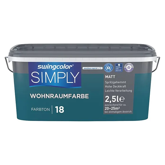 swingcolor Wandfarbe SIMPLY - Blau - Nr. 18, 2,5 l - Ein 2,5L swingcolor SIMPLY matte Wohnraumfarbe-Eimer in Dunkelblau-Grau, Farbton 18.