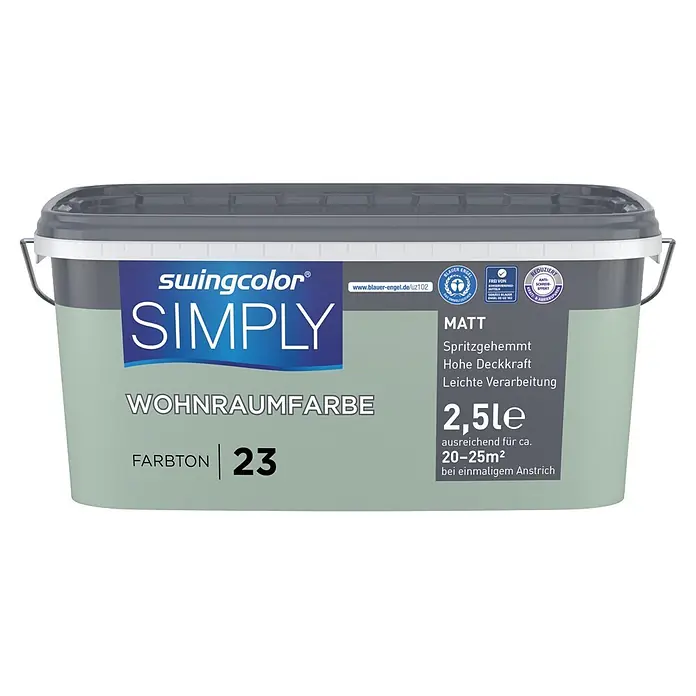 swingcolor Wandfarbe SIMPLY - Grün - Nr. 23, 2,5 l - Ein hellgrüner Swingcolor Simply 2,5L matter Innenfarbe-Eimer, Farbton 23.