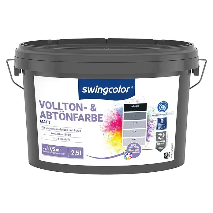 swingcolor Vollton- & Abtönfarbe - Schwarz, Matt, 2,5 l - Dunkelgrauer Farbeimer für Vollton- und Abtönfarbe, matt Schwarz, 2,5L.