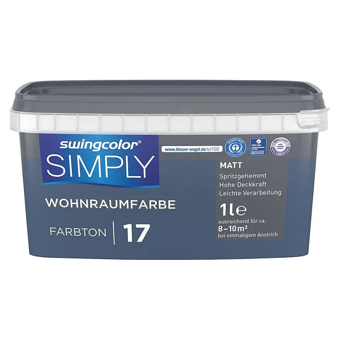 swingcolor Wandfarbe SIMPLY - Blau - Nr. 17, 1 l - Ein matter swingcolor Simply Innenfarbe-Eimer in einem dunkelblau-grauen Farbton (Farbton 17), 1 Liter Inhalt.