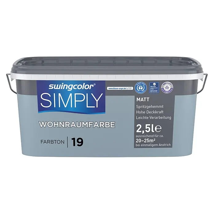 swingcolor Wandfarbe SIMPLY - Blau - Nr. 19, 2,5 l - Swingcolor SIMPLY matte hellgraue Wohnraumfarbe im 2,5L Eimer, ausreichend für 20-25m².