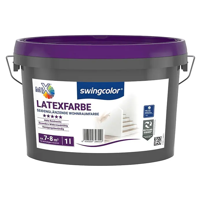 swingcolor Mix Latexfarbe zum Mischen lassen - Basismischfarbe 4, Seidenglänzend, 1 l, Abtönbar - Grauer Farbeimer mit lilafarbenem Deckel, beschriftet "swingcolor LATEXFARBE", für seidenglänzende Innenwände.