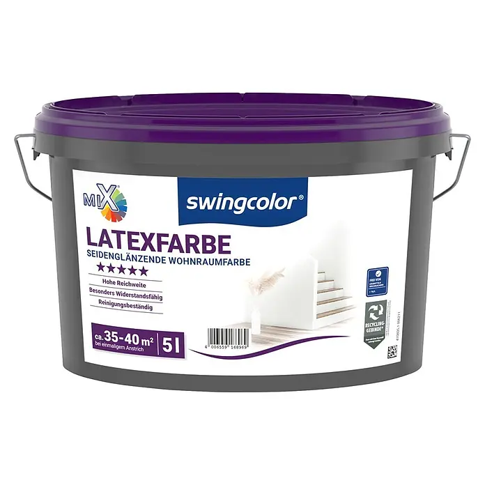 swingcolor Mix Latexfarbe zum Mischen lassen - Basismischfarbe 1, Seidenglänzend, 5 l, Abtönbar - Grauer Farbeimer mit lila Deckel, beschriftet "swingcolor Latex Paint, Seidenglänzende Wohnraumfarbe", mit Reichweite und Eigenschaften.