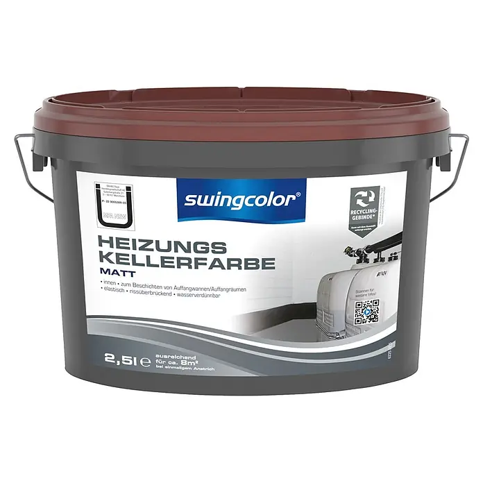 swingcolor Heizungskellerfarbe - Rotbraun, 2,5 l, Seidenmatt - Grauer Farbeimer mit braunem Deckel, 2,5L swingcolor Heizungs- und Kellerfarbe.