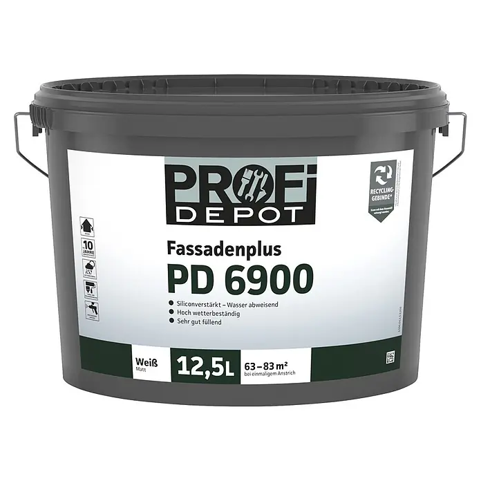 Profi Depot PD Dispersionsfassadenfarbe Fassadenplus PD 6900 - Weiß, 12,5 l - Dunkelgrauer Farbeimer "PROFI DEPOT Fassadenplus PD 6900" mit 12,5L weißer, matter, silikonverstärkter Fassadenfarbe.