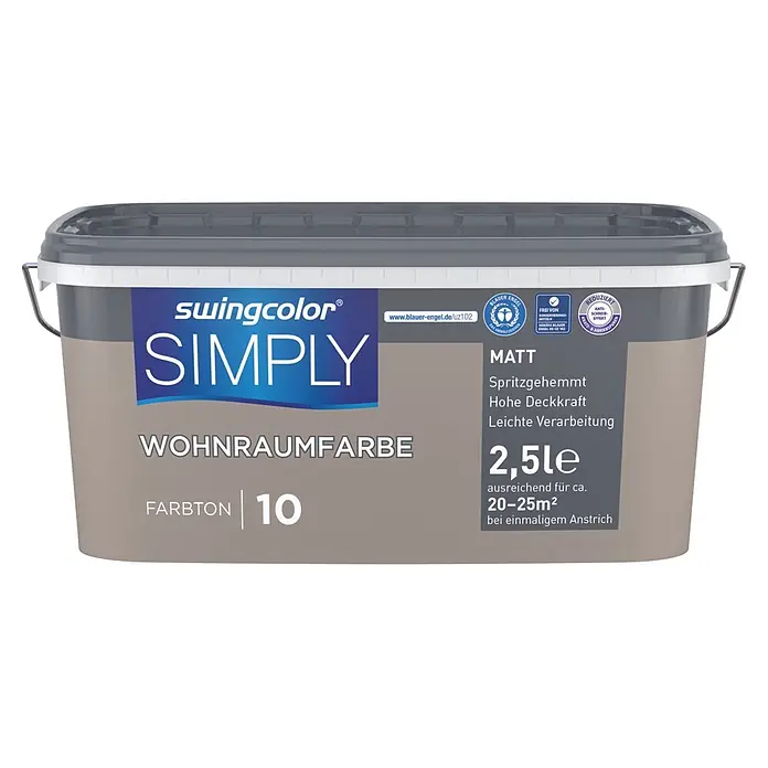 swingcolor Wandfarbe SIMPLY - Braun - Nr. 10, 2,5 l - swingcolor SIMPLY matte Wohnraumfarbe, Farbton 10, 2,5L Eimer.