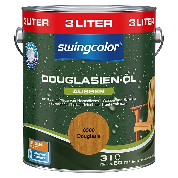 swingcolor Douglasien-Öl - Douglasie, 3 l, Seidenmatt - Swingcolor 3-Liter-Dose Seidenmatt Douglasien-Öl, wasserbasiert, mit Abperleffekt für Holz im Außenbereich.