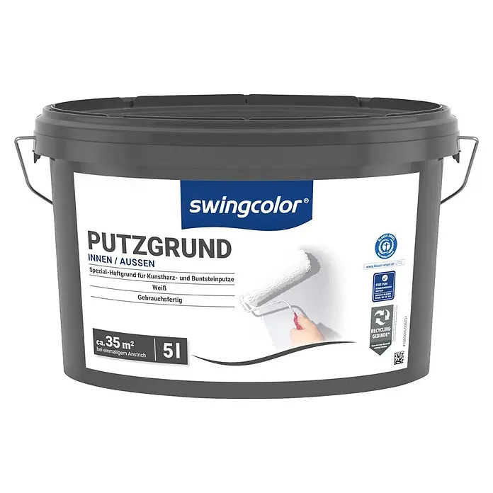 swingcolor Putzgrund - 5 l, Weiß - Grauer swingcolor Putzgrund Eimer (Putzgrundierung) für innen und außen, 5L Fassungsvermögen.