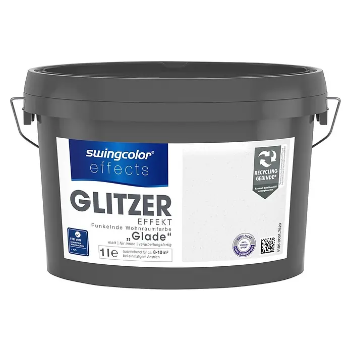 swingcolor effects Farbeffektputz Funkelnde Wohnraumfarbe mit Glitzer-Effekt - Glade, Glitzernd, 1 l - Ein dunkelgrauer 1-Liter-Eimer swingcolor effects GLITZER funkelnde Wohnraumfarbe.