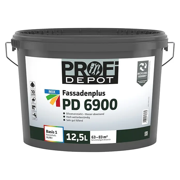 Profi Depot Mix Dispersionsfassadenfarbe Fassadenplus PD 6900 zum Mischen lassen - Basismischfarbe 1, 12,5 l - Grauer PROFI DEPOT Fassadenplus PD 6900 Farbeimer, 12,5L, für Außenfassaden, silikonverstärkt und wetterbeständig.
