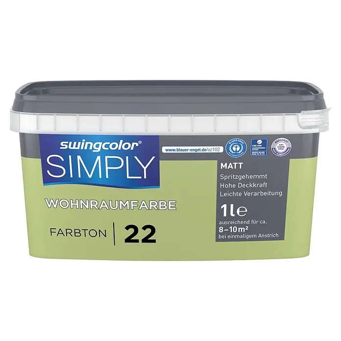 swingcolor Wandfarbe SIMPLY - Grün - Nr. 22, 1 l - Swingcolor Simply 1-Liter matte Wohnraumfarbe, hellgrün, Farbton 22.