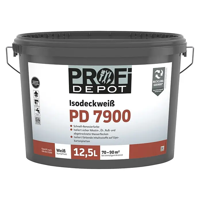 Profi Depot PD Isolierfarbe Isodeckweiß PD 7900 - Weiß, 12,5 l - Grauer PROF DEPOT Isodeckweiß PD 7900 Farbeimer, 12,5L, schadstoffarm, recyclingfähig, deckt Flecken.