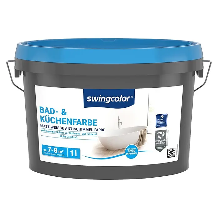 swingcolor Bad- & Küchenfarbe - Weiß, 1 l, Matt - Dunkelgrauer Farbeimer mit blauem Deckel und Beschriftung "swingcolor Bad- & Küchenfarbe, 1l", Antischimmel-Farbe.