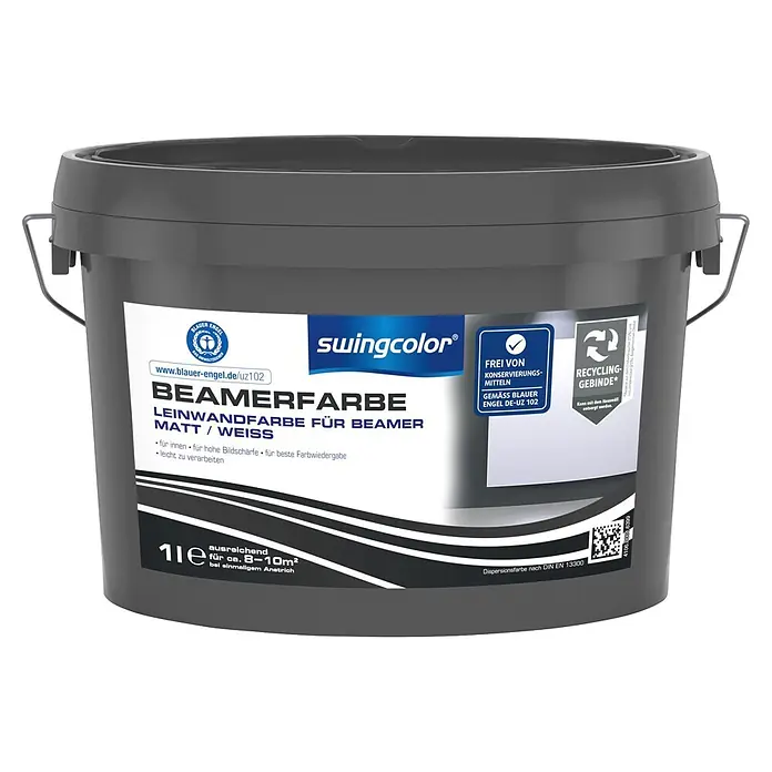 swingcolor Wandfarbe Beamerfarbe - Weiß, 1 l, Matt - Vorderansicht