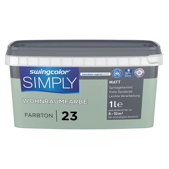swingcolor Wandfarbe SIMPLY - Grün - Nr. 23, 1 l - Swingcolor Simply Wohnraumfarbe, matt, Farbton 23 (hellgrün), 1 Liter.
