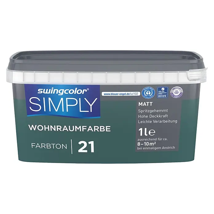 swingcolor Wandfarbe SIMPLY - Nr. 21, 1 l - Dunkelgrüner 1l swingcolor SIMPLY Matt-Wohnraumfarbeeimer, Farbton 21, spritzgehemmt, hohe Deckkraft.