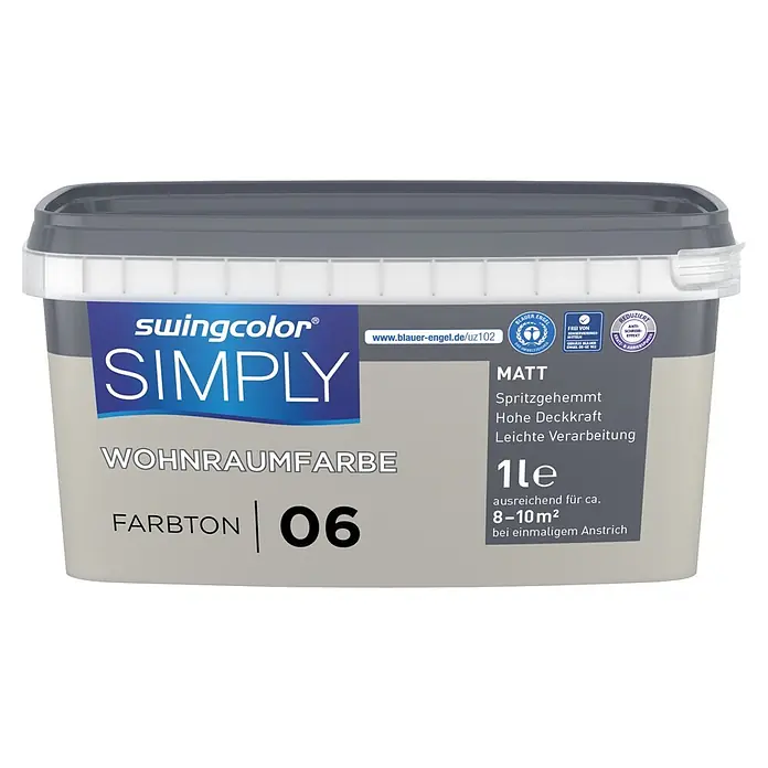 swingcolor Wandfarbe SIMPLY - Greige - Nr. 06, 1 l - swingcolor SIMPLY Wohnraumfarbe, Farbton 06, matt, 1L Eimer. Umweltfreundliche, spritzgehemmte Wandfarbe mit hoher Deckkraft.