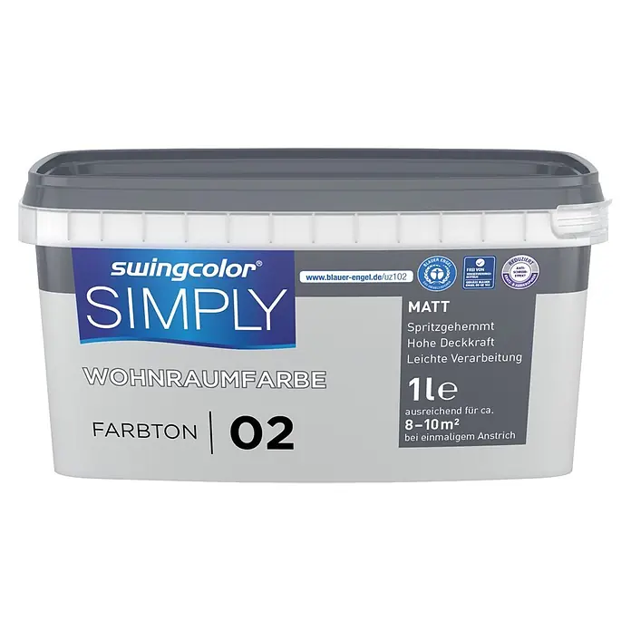 swingcolor Wandfarbe SIMPLY - Grau - Nr. 02, 1 l - Swingcolor Simply Wohnraumfarbe, matt, 1 Liter, Farbton 02, im weißen Eimer mit grauem Deckel.