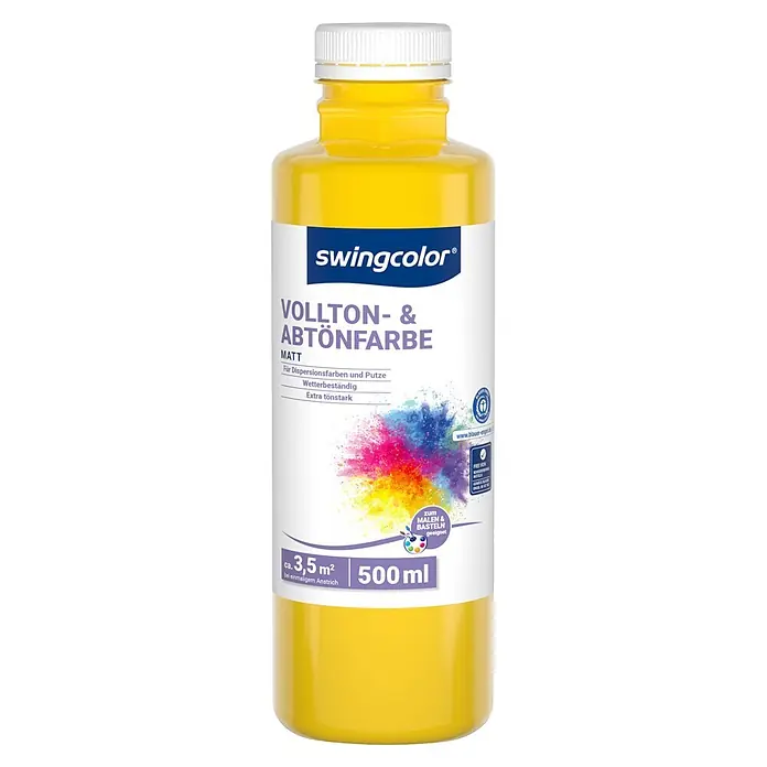 swingcolor Vollton- & Abtönfarbe - Rapsgelb, Matt, 500 ml - Gelbe swingcolor 500ml Vollton- & Abtönfarbe in der Flasche, matt, für Dispersionsfarben und Bastelarbeiten.