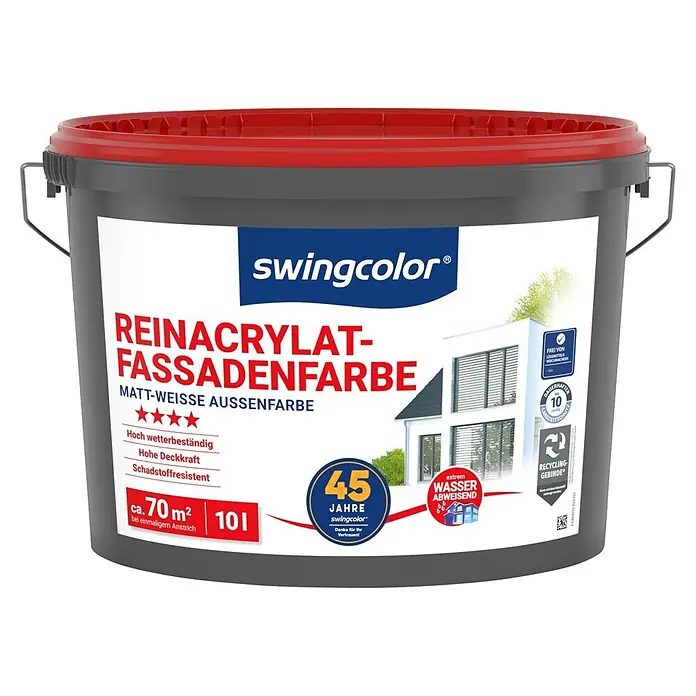 swingcolor Reinacrylat-Fassadenfarbe - Schneeweiß, 10 l - Grauer swingcolor Reinacrylat-Fassadenfarbe Eimer mit rotem Deckel. Er zeigt Produktinformationen wie Reichweite, Wetterbeständigkeit und 45 Jahre swingcolor Garantie.